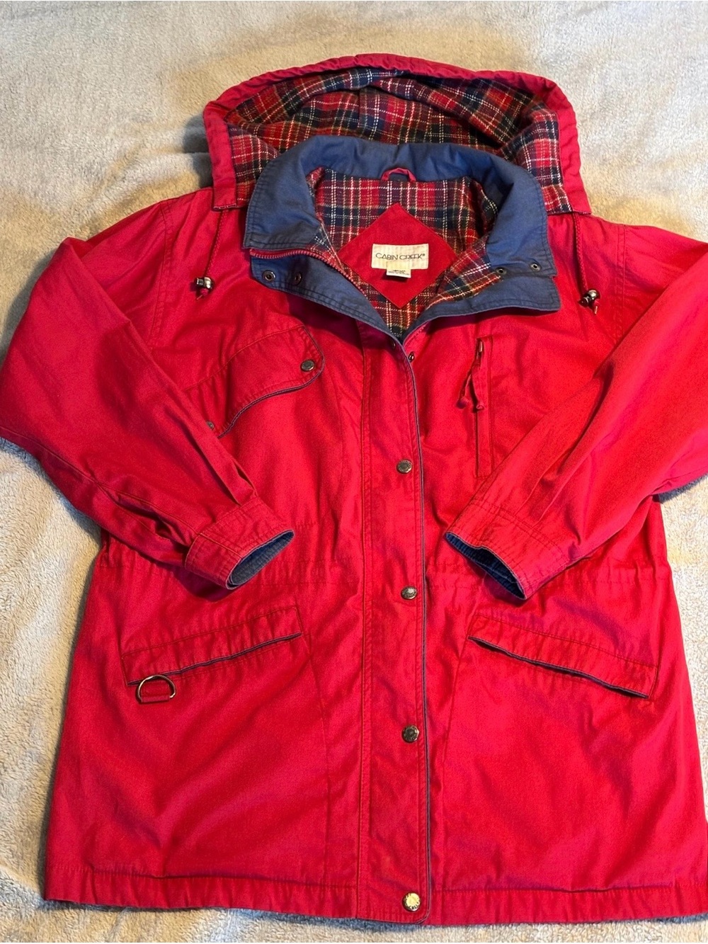 Barn red chore coat cabin creek medium plaid lined cinch waist extra pockets